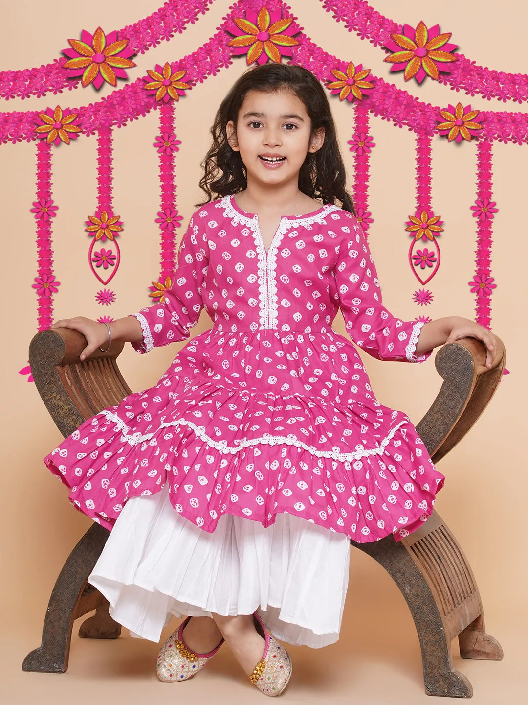 Jashvi Girls Pink Bandhani Printed With Cotton Flower Lace Kurta With Sharara