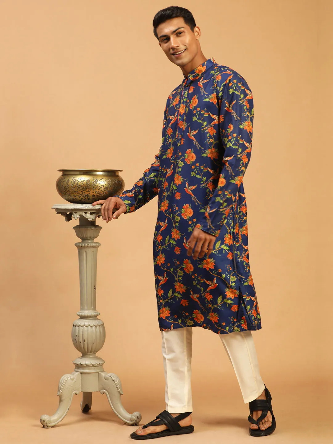 Jashvi Men's Blue Floral Printed Muslin Blend Kurta With Cream Viscose Pant Set