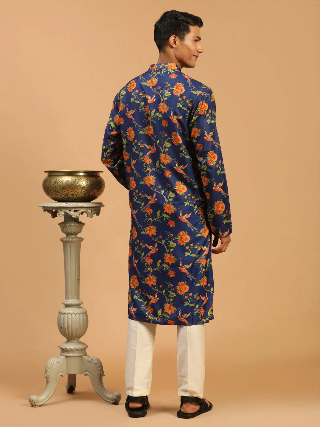 Jashvi Men's Blue Floral Printed Muslin Blend Kurta With Cream Viscose Pant Set