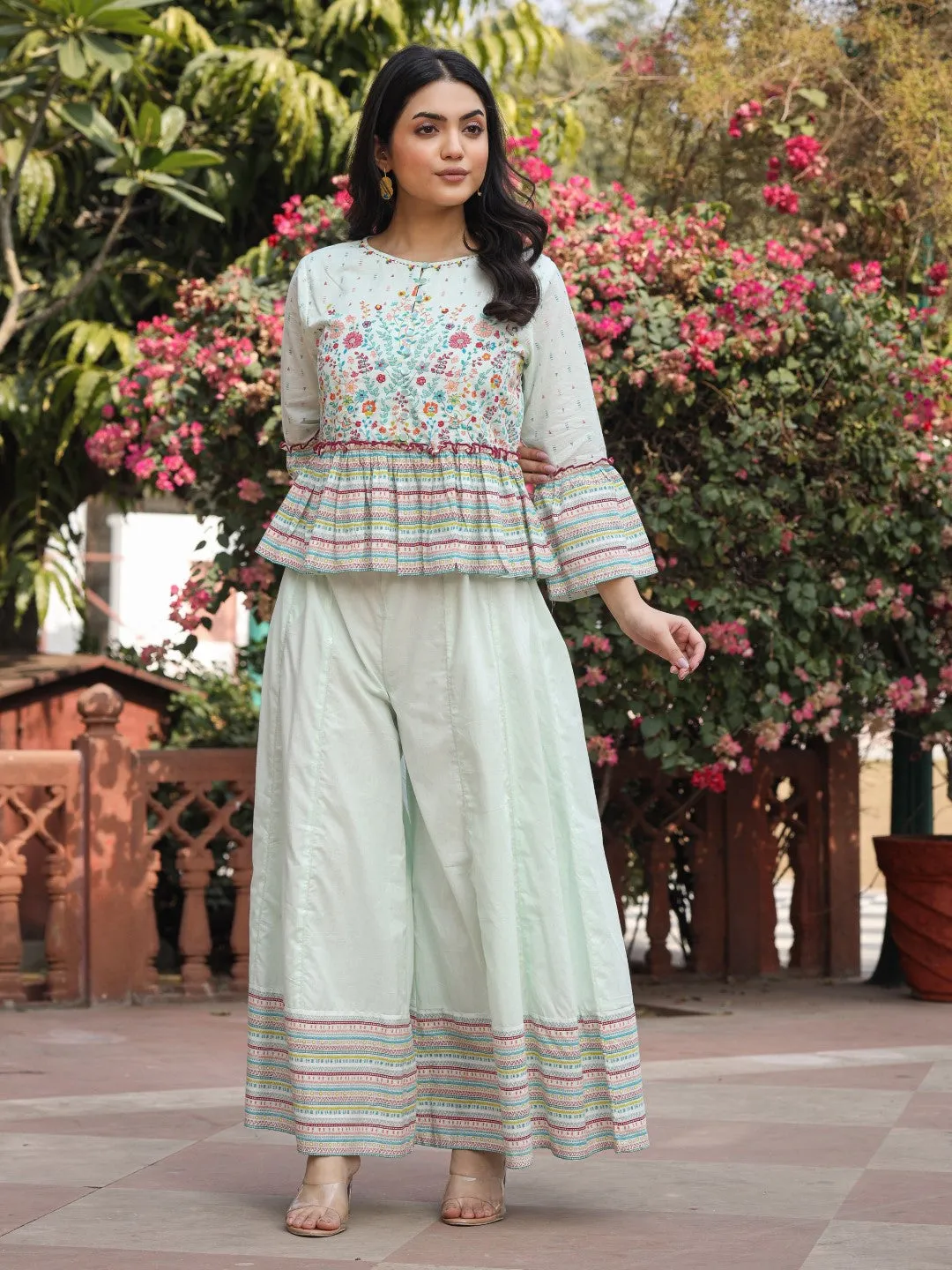 Jashvi Mint Floral Printed Peplum Co-Ord Set With Kantha Work & Beads