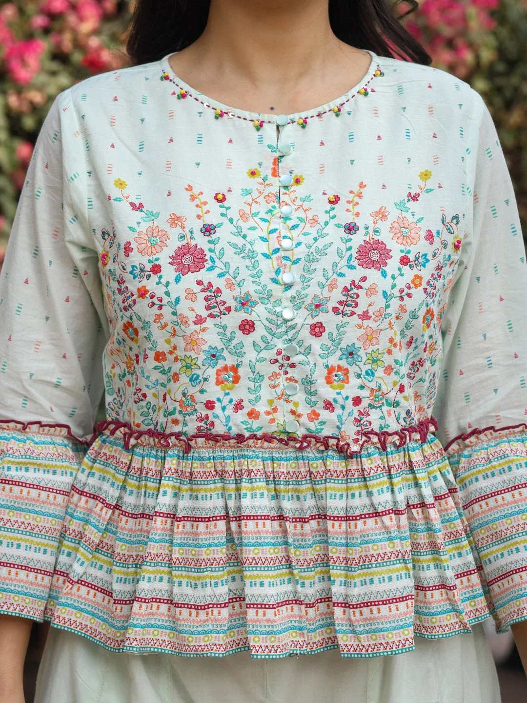 Jashvi Mint Floral Printed Peplum Co-Ord Set With Kantha Work & Beads