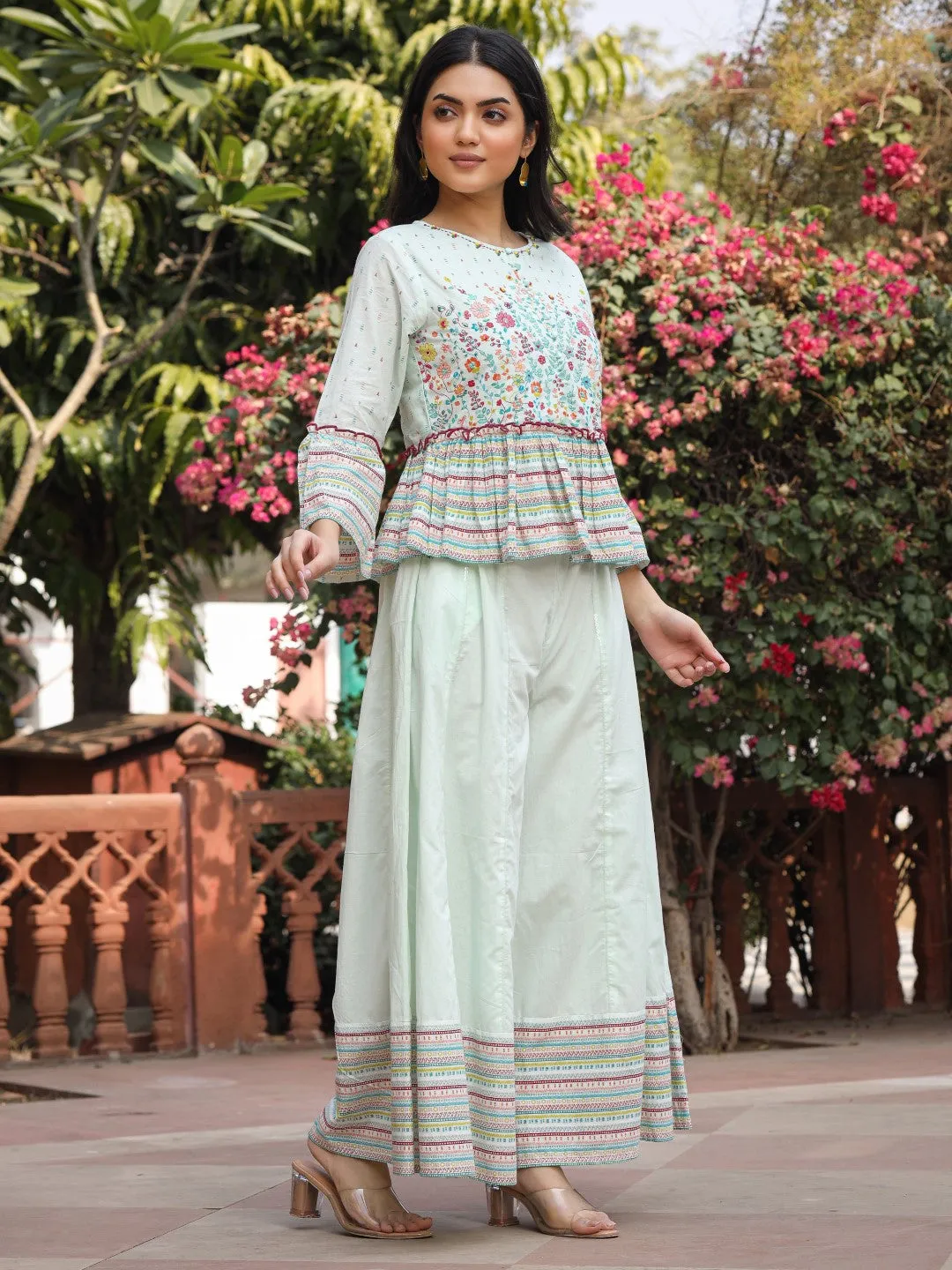 Jashvi Mint Floral Printed Peplum Co-Ord Set With Kantha Work & Beads