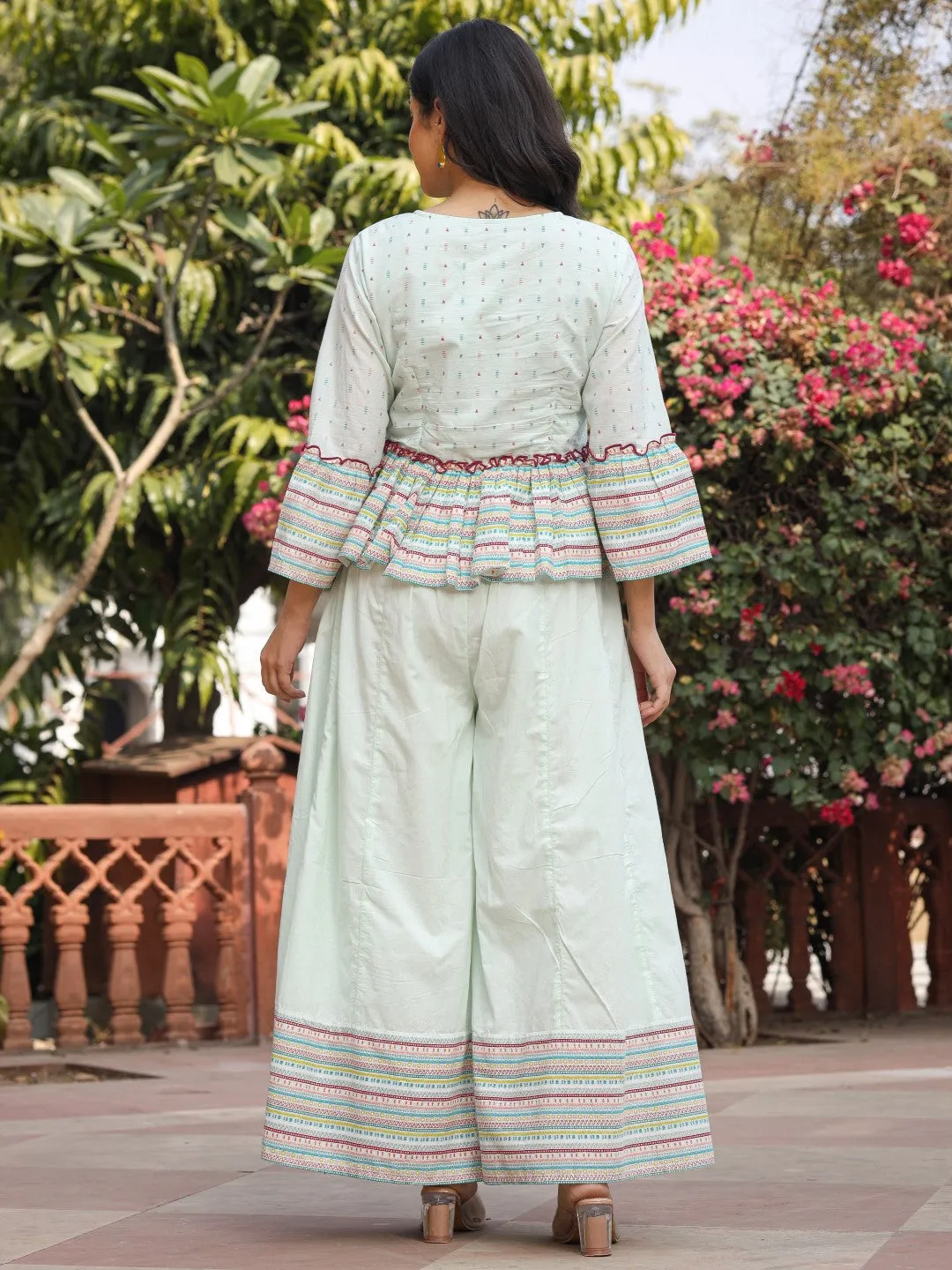 Jashvi Mint Floral Printed Peplum Co-Ord Set With Kantha Work & Beads