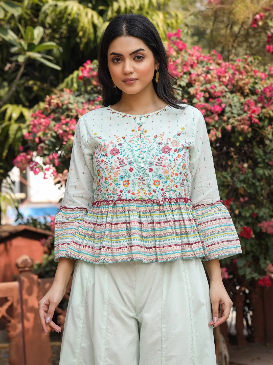 Jashvi Mint Floral Printed Peplum Co-Ord Set With Kantha Work & Beads