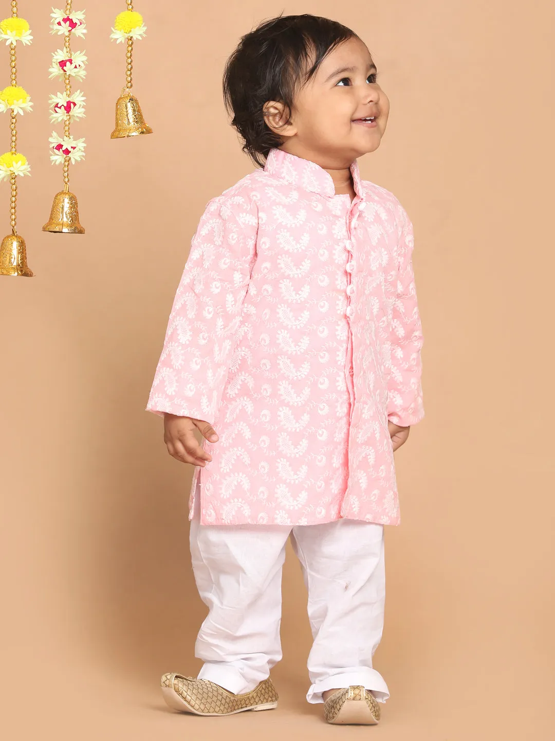 Jashvi SISHU Boy's Pink Floral Chikankari Pure Cotton Kurta with Pyjama