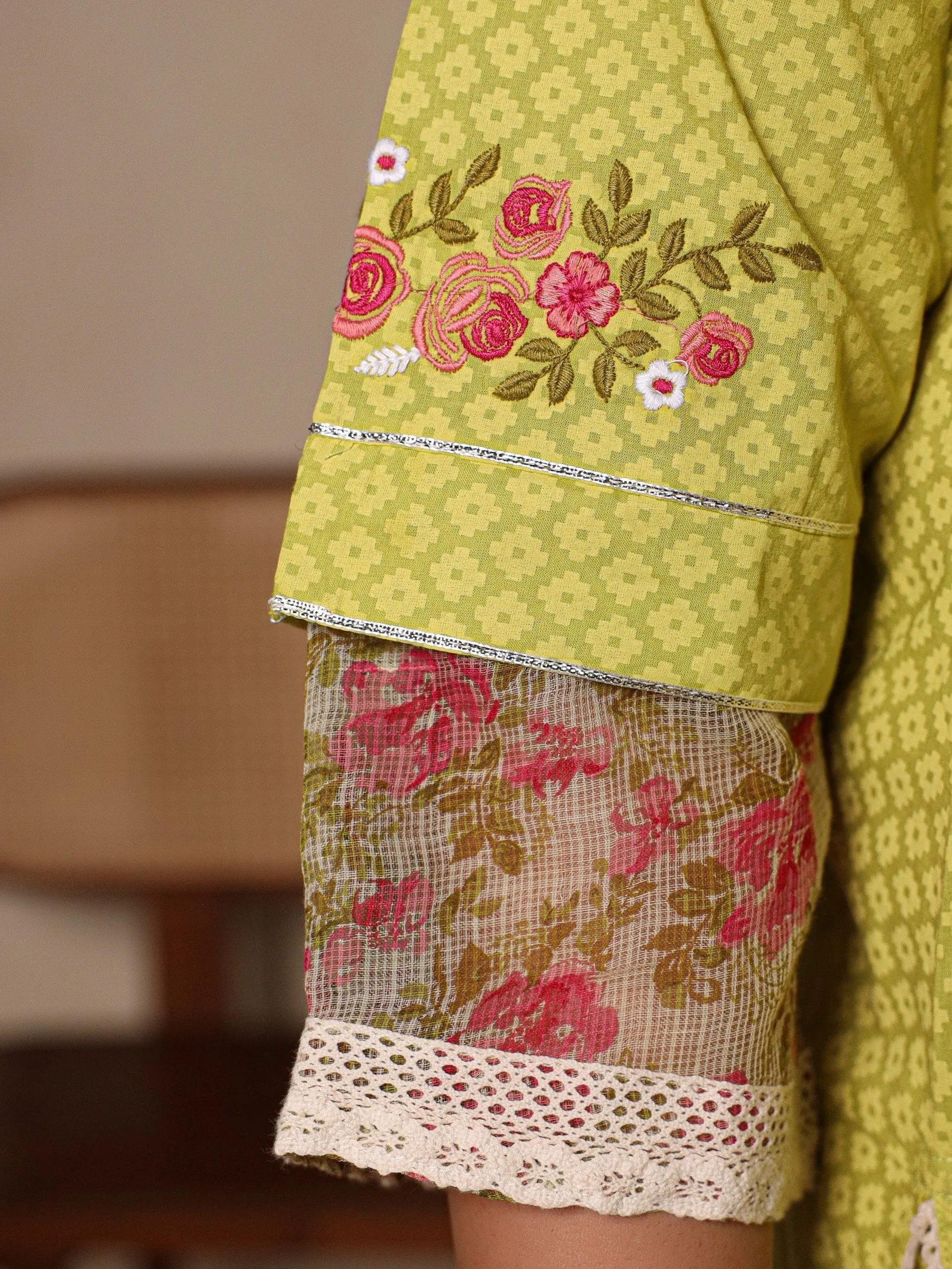 Jashvi The Madhuabala Lime Green Floral Printed & Laced Pure Cotton Plus Size Kurta Palazzo & Dupatta Set With Printed Kota Doria Dupatta