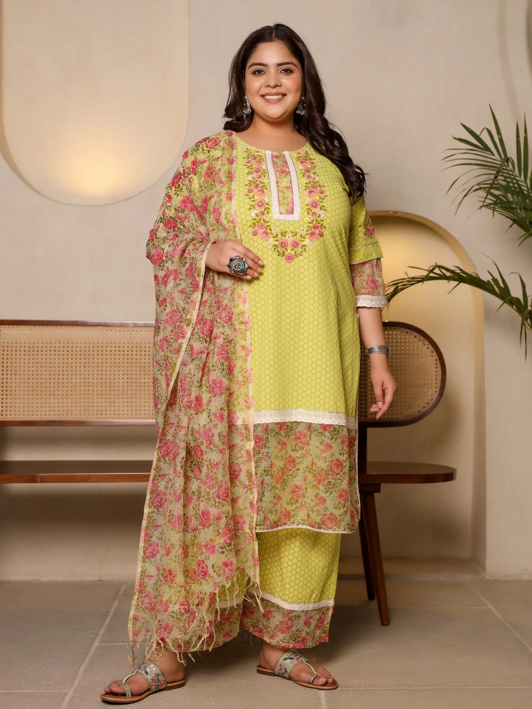 Jashvi The Madhuabala Lime Green Floral Printed & Laced Pure Cotton Plus Size Kurta Palazzo & Dupatta Set With Printed Kota Doria Dupatta