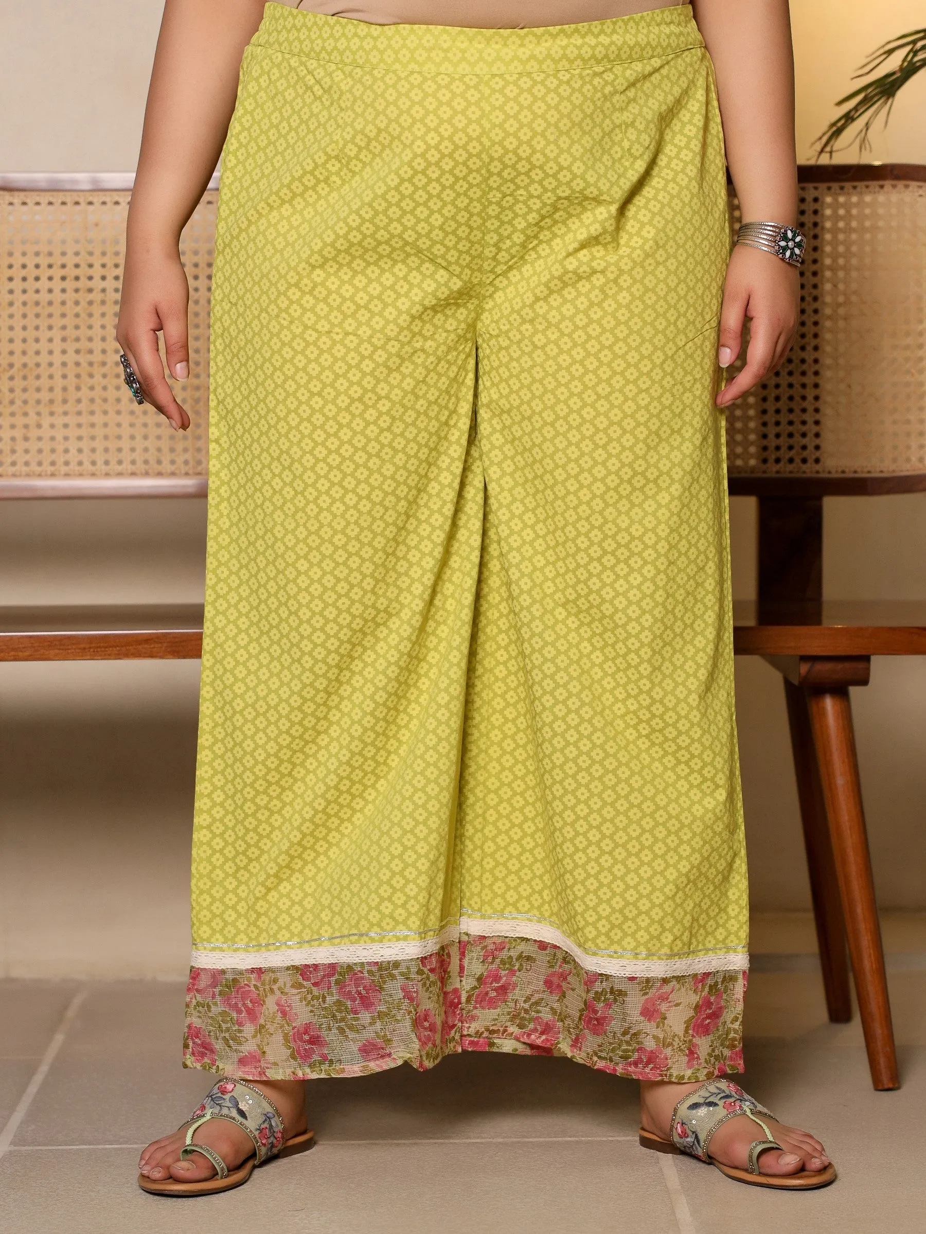 Jashvi The Madhuabala Lime Green Floral Printed & Laced Pure Cotton Plus Size Kurta Palazzo & Dupatta Set With Printed Kota Doria Dupatta