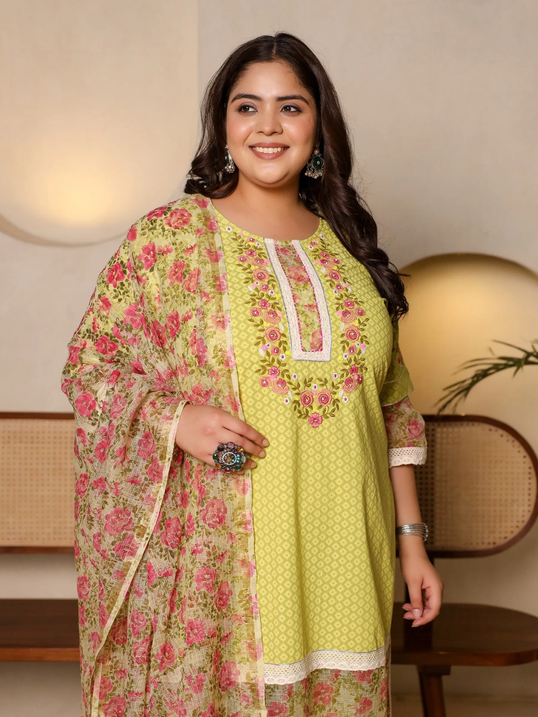 Jashvi The Madhuabala Lime Green Floral Printed & Laced Pure Cotton Plus Size Kurta Palazzo & Dupatta Set With Printed Kota Doria Dupatta