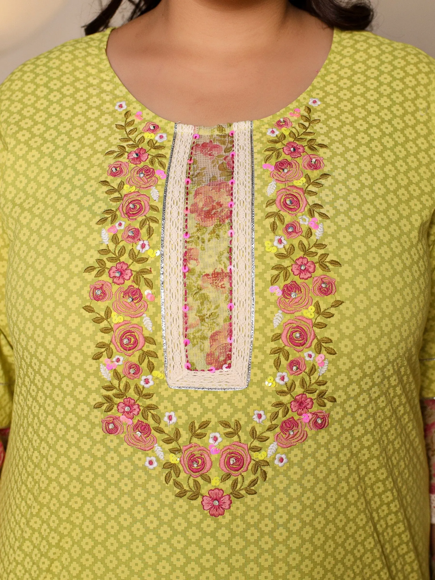 Jashvi The Madhuabala Lime Green Floral Printed & Laced Pure Cotton Plus Size Kurta Palazzo & Dupatta Set With Printed Kota Doria Dupatta