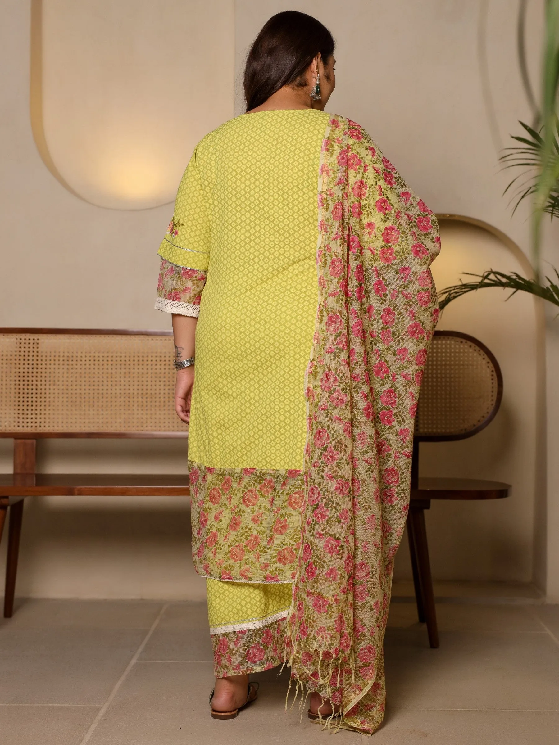 Jashvi The Madhuabala Lime Green Floral Printed & Laced Pure Cotton Plus Size Kurta Palazzo & Dupatta Set With Printed Kota Doria Dupatta