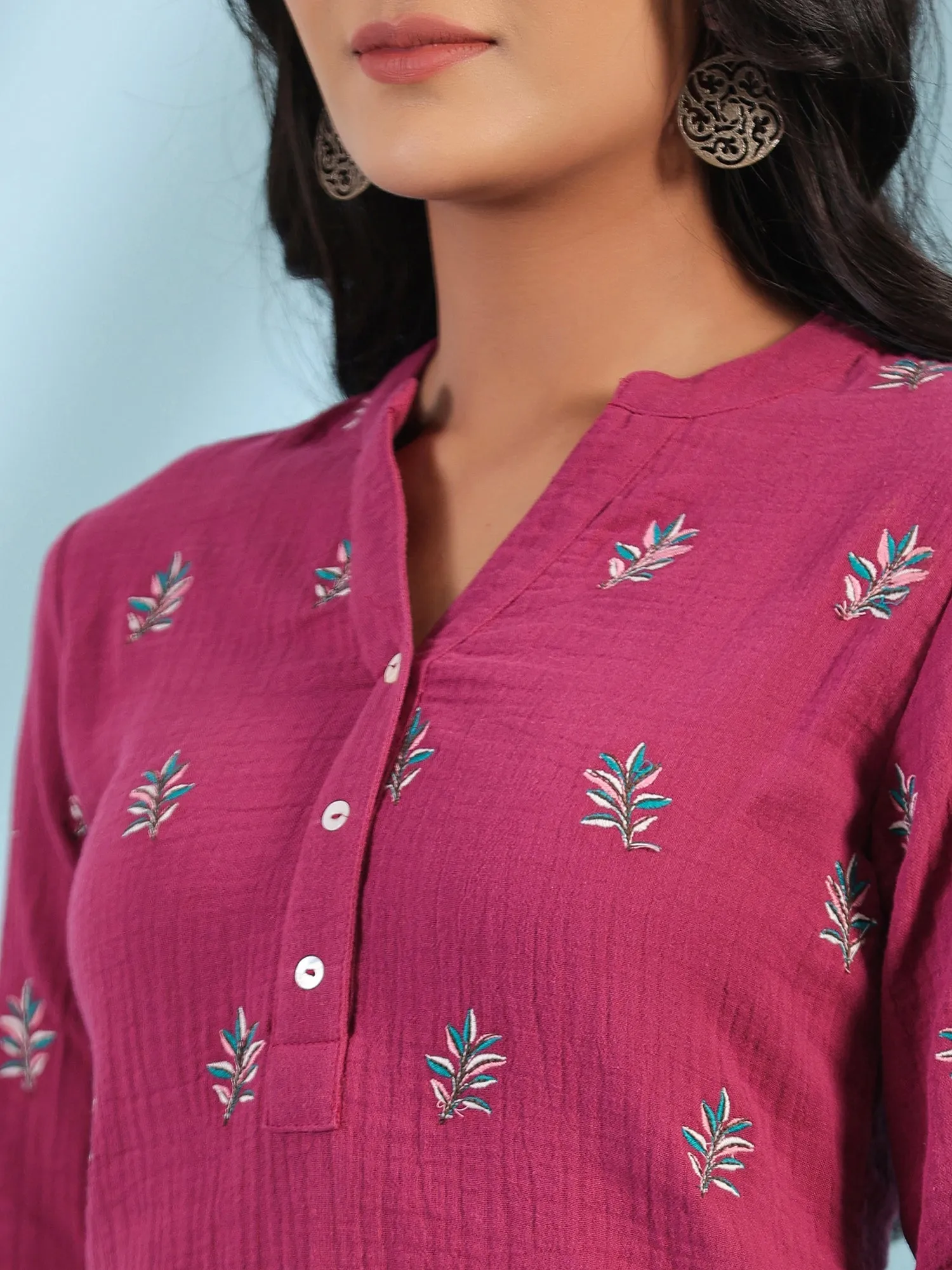 Jashvi Wine Women Floral Embroidered High-Low Cotton Tunic With Half Placket