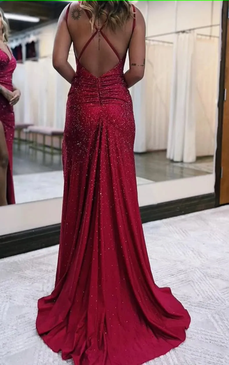 kamahe Sparkly Dark Red One Shoulder Sheath Long Prom Dress with Slit Formal Evening Dresses