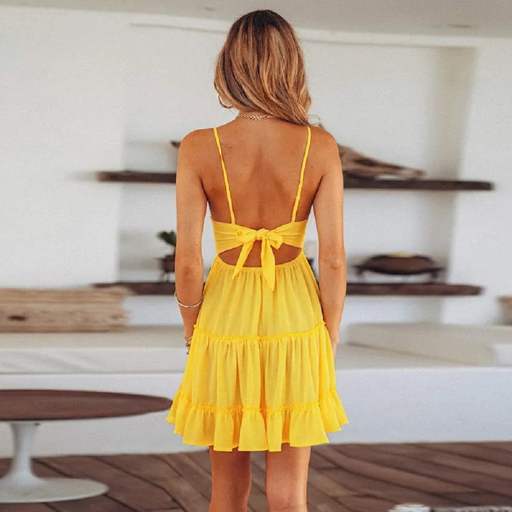 KIDSA Womens Slip Dresses Sexy V Neck Off Shoulder Mini Flared Crochet Backless Summer Sundresses Dress