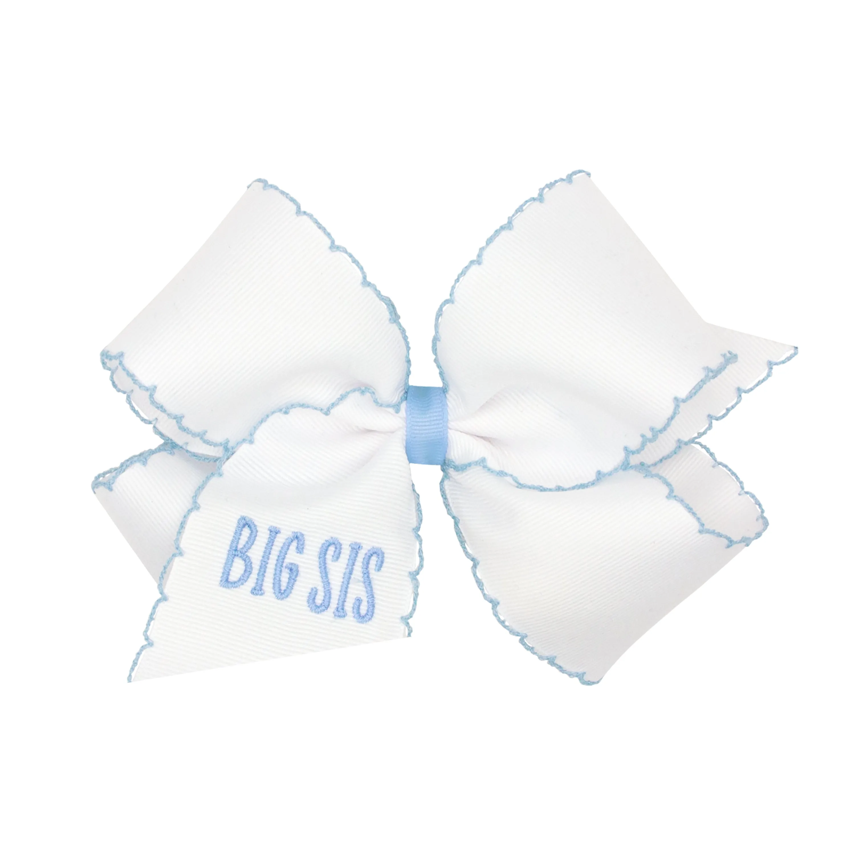 King Grosgrain Hair Bow with Millennium Blue Moonstitch Edge and "BIG SIS" Embroidery