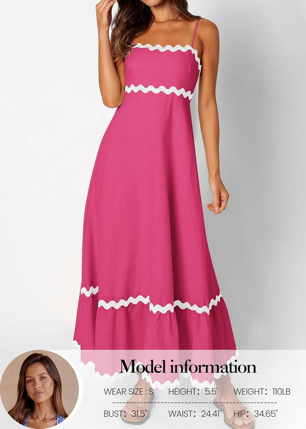 KIRUNDO Womens Summer Dresses 2025 Boho Spaghetti Strap Sleeveless Smocked Rickrack Trim Flowy Beach Vacation Midi Sundress
