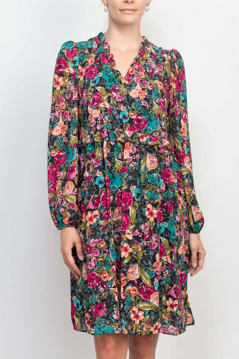 London Times Ruffle V-Neck Elastic Cuff Long Sleeve Floral Print Zipper Back Baby Doll Crepe Dress