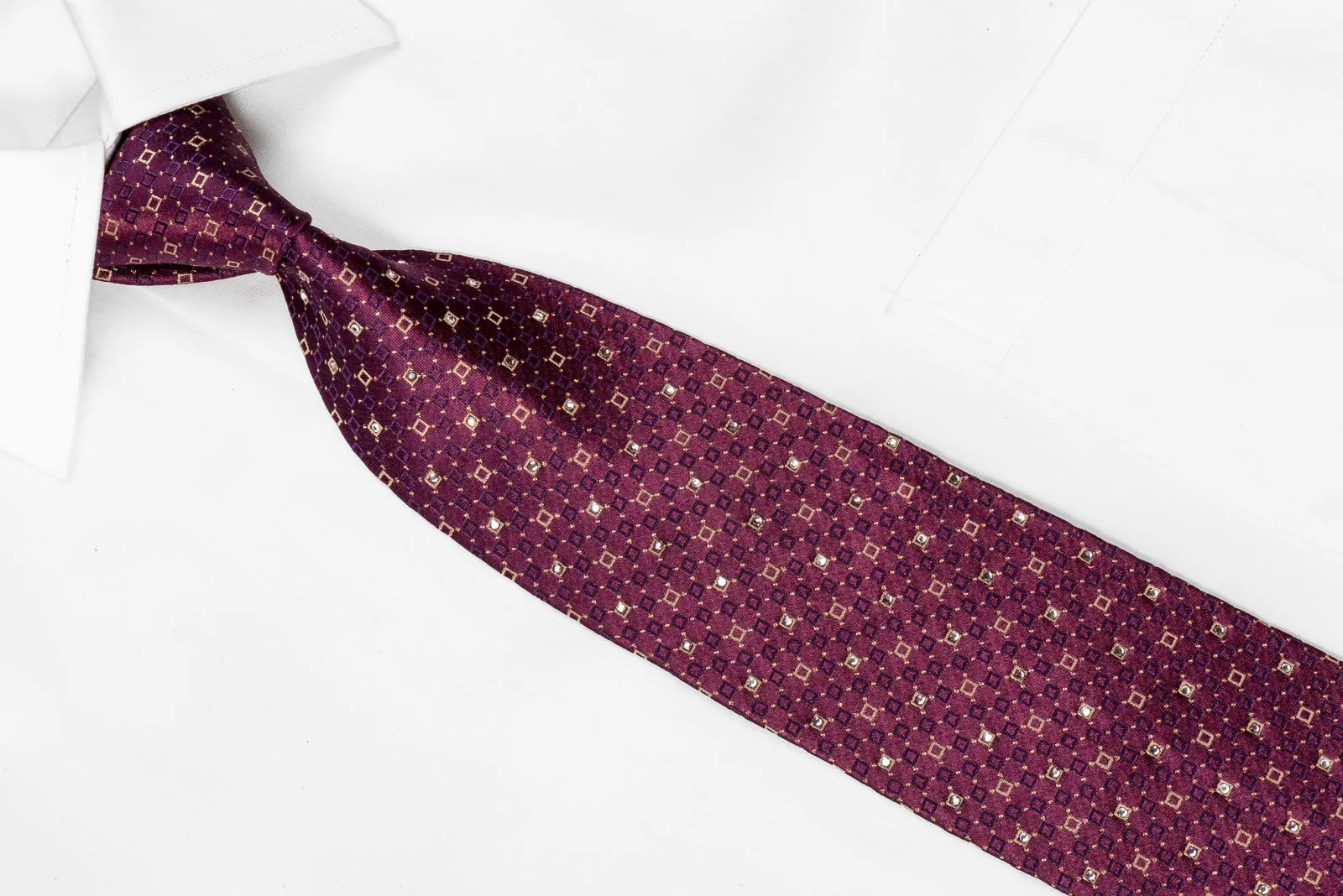 Louis Quatorze Men's Crystal Tie Geometric Squares on Burgundy With Gold Sparkles