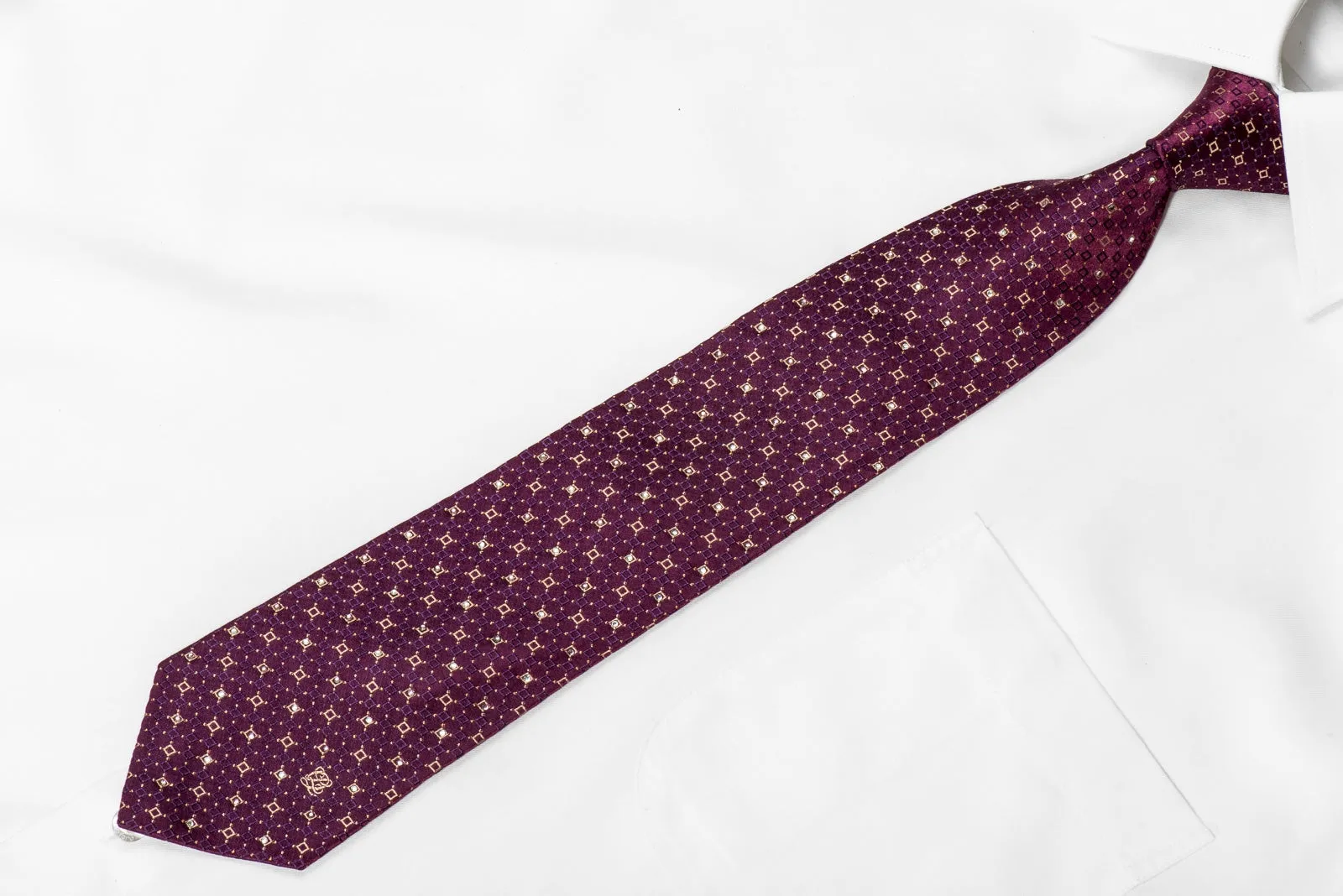 Louis Quatorze Men's Crystal Tie Geometric Squares on Burgundy With Gold Sparkles