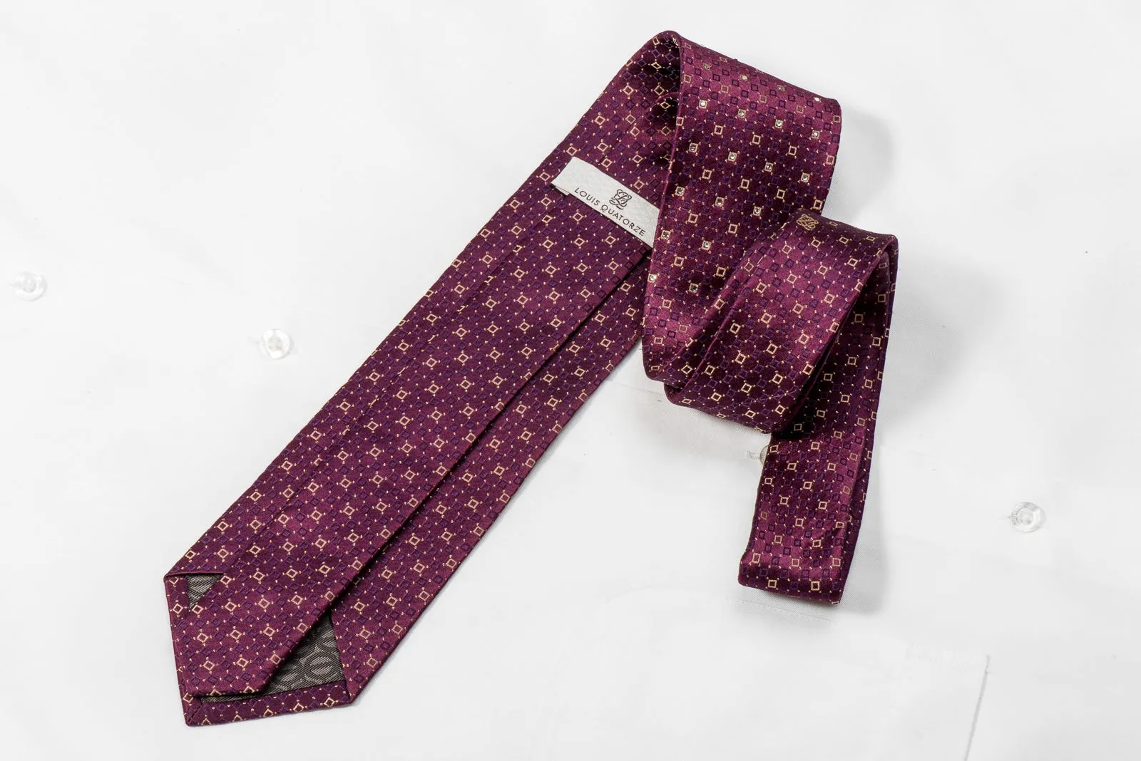 Louis Quatorze Men's Crystal Tie Geometric Squares on Burgundy With Gold Sparkles