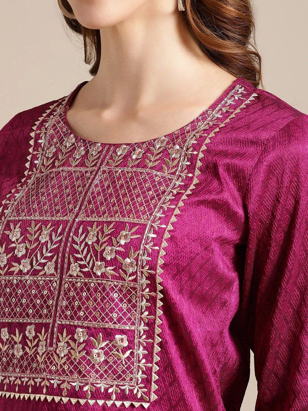 Magenta Floral Zari Embroidery Kurta Trouser Set With Art Silk Dupatta