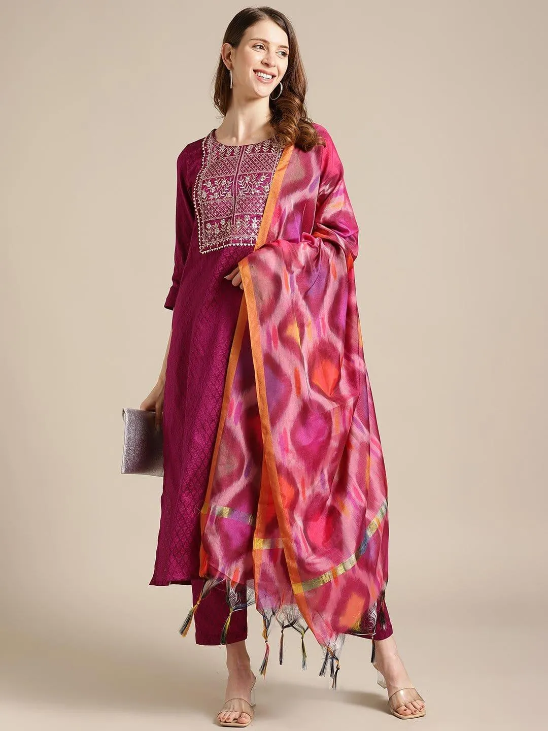 Magenta Floral Zari Embroidery Kurta Trouser Set With Art Silk Dupatta