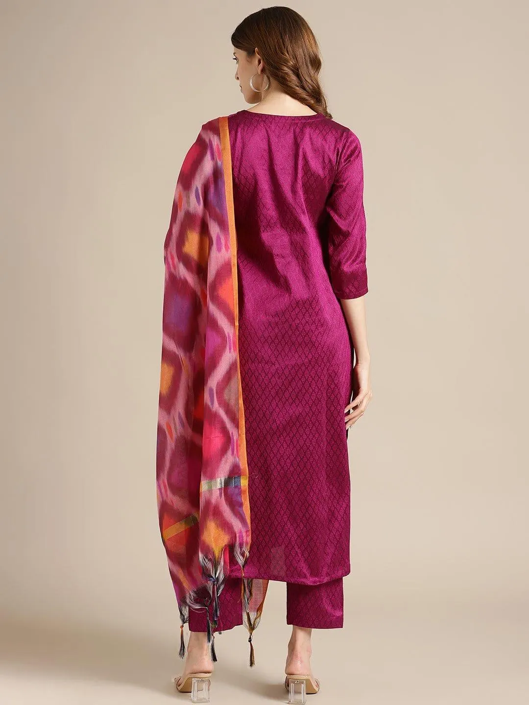 Magenta Floral Zari Embroidery Kurta Trouser Set With Art Silk Dupatta