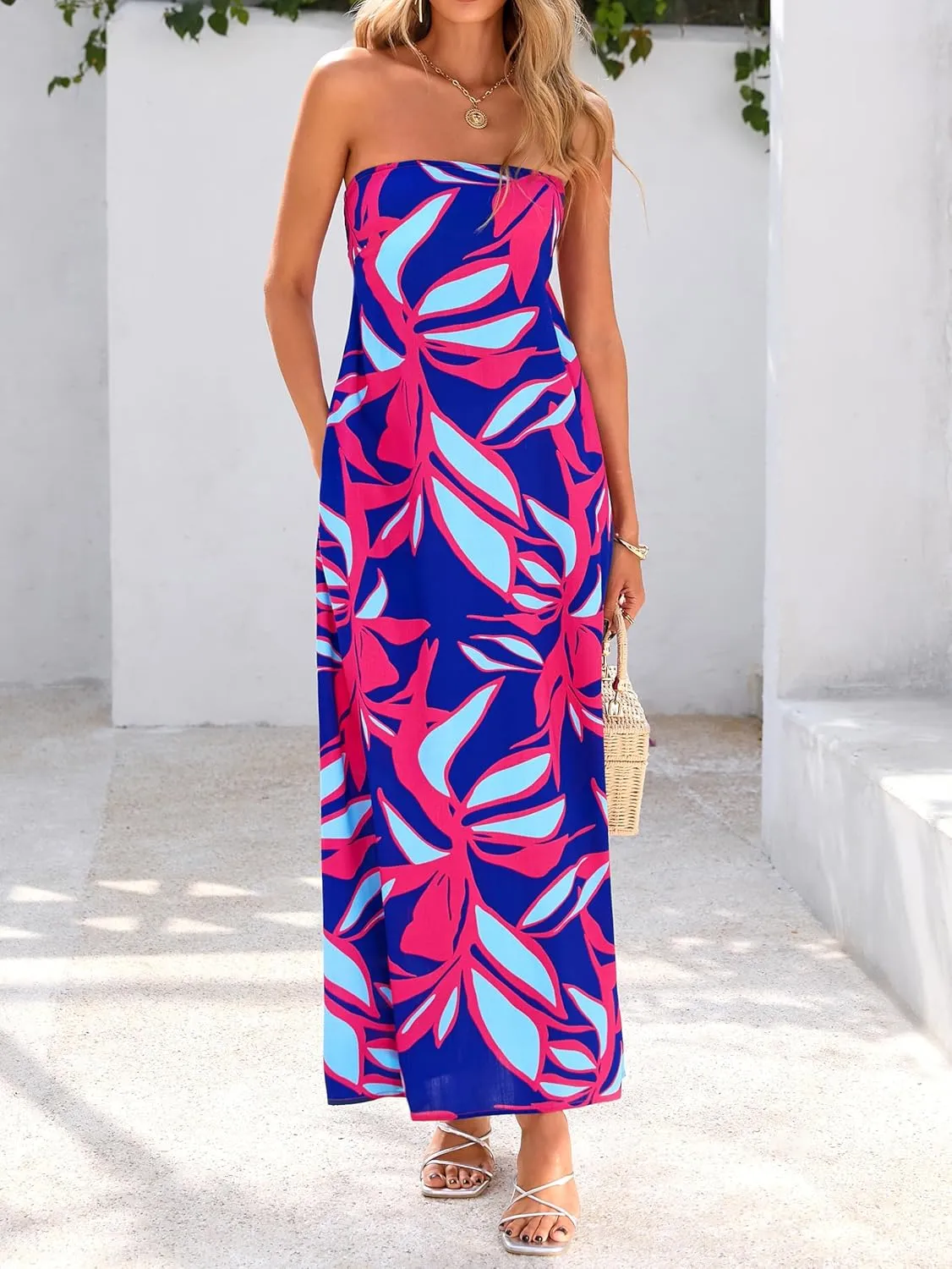 MASCOMODA Summer Boho Floral Maxi Dresses for Women 2025 Strapless Tube Top Dress Smocked Flowy Beach Vacation Long Sundress