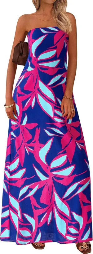MASCOMODA Summer Boho Floral Maxi Dresses for Women 2025 Strapless Tube Top Dress Smocked Flowy Beach Vacation Long Sundress