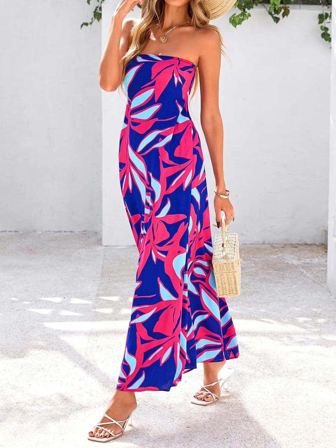 MASCOMODA Summer Boho Floral Maxi Dresses for Women 2025 Strapless Tube Top Dress Smocked Flowy Beach Vacation Long Sundress