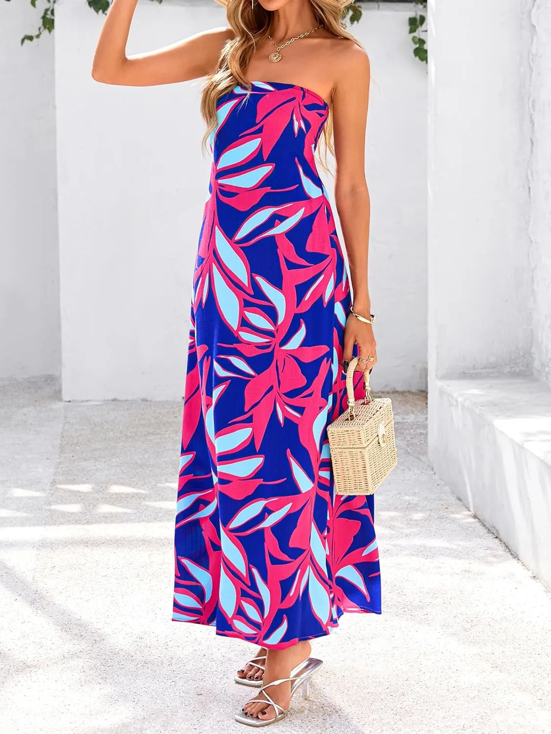 MASCOMODA Summer Boho Floral Maxi Dresses for Women 2025 Strapless Tube Top Dress Smocked Flowy Beach Vacation Long Sundress