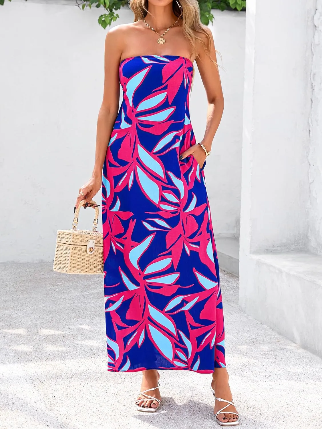 MASCOMODA Summer Boho Floral Maxi Dresses for Women 2025 Strapless Tube Top Dress Smocked Flowy Beach Vacation Long Sundress