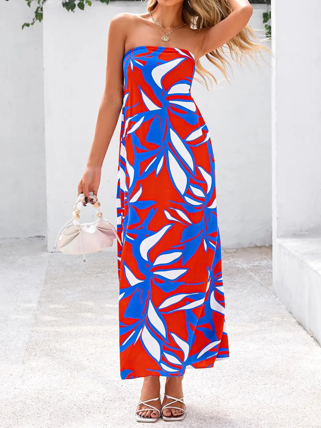 MASCOMODA Tube Strapless Top Dress for Women 2025 Summer Beach Long Maxi Dresses Smocked Boho Floral Flowy Resort Sundress
