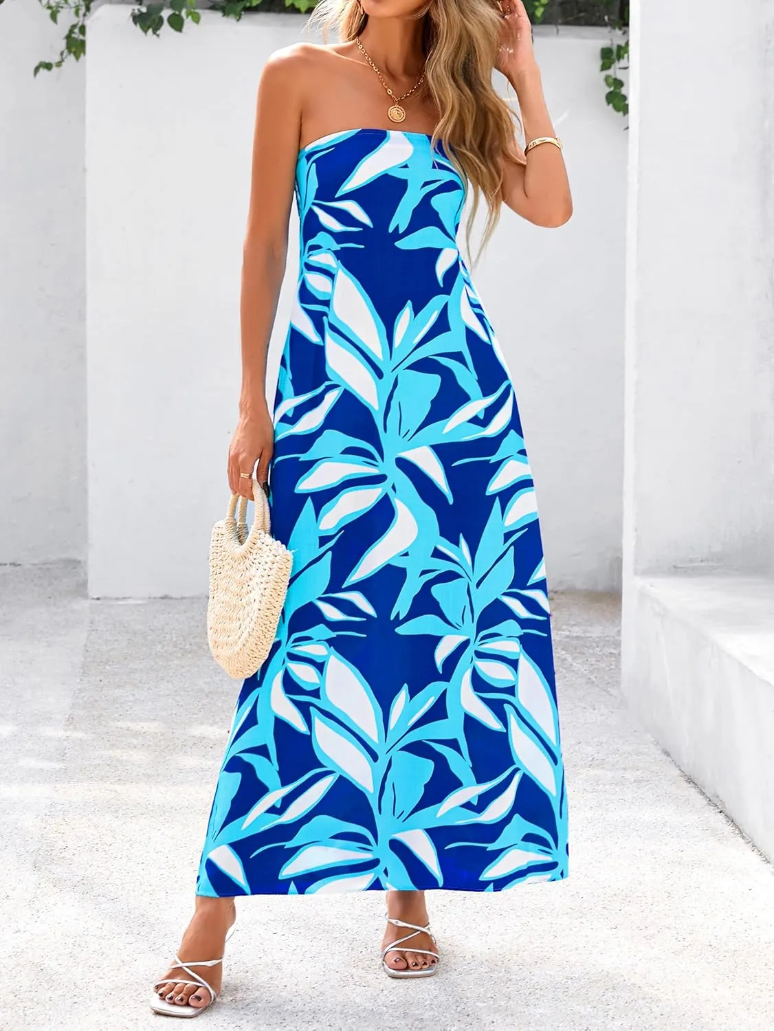 MASCOMODA Tube Strapless Top Dress for Women 2025 Summer Beach Long Maxi Dresses Smocked Boho Floral Flowy Resort Sundress