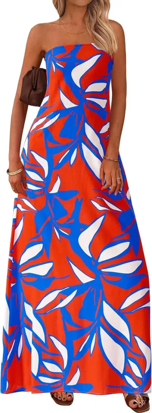 MASCOMODA Tube Strapless Top Dress for Women 2025 Summer Beach Long Maxi Dresses Smocked Boho Floral Flowy Resort Sundress