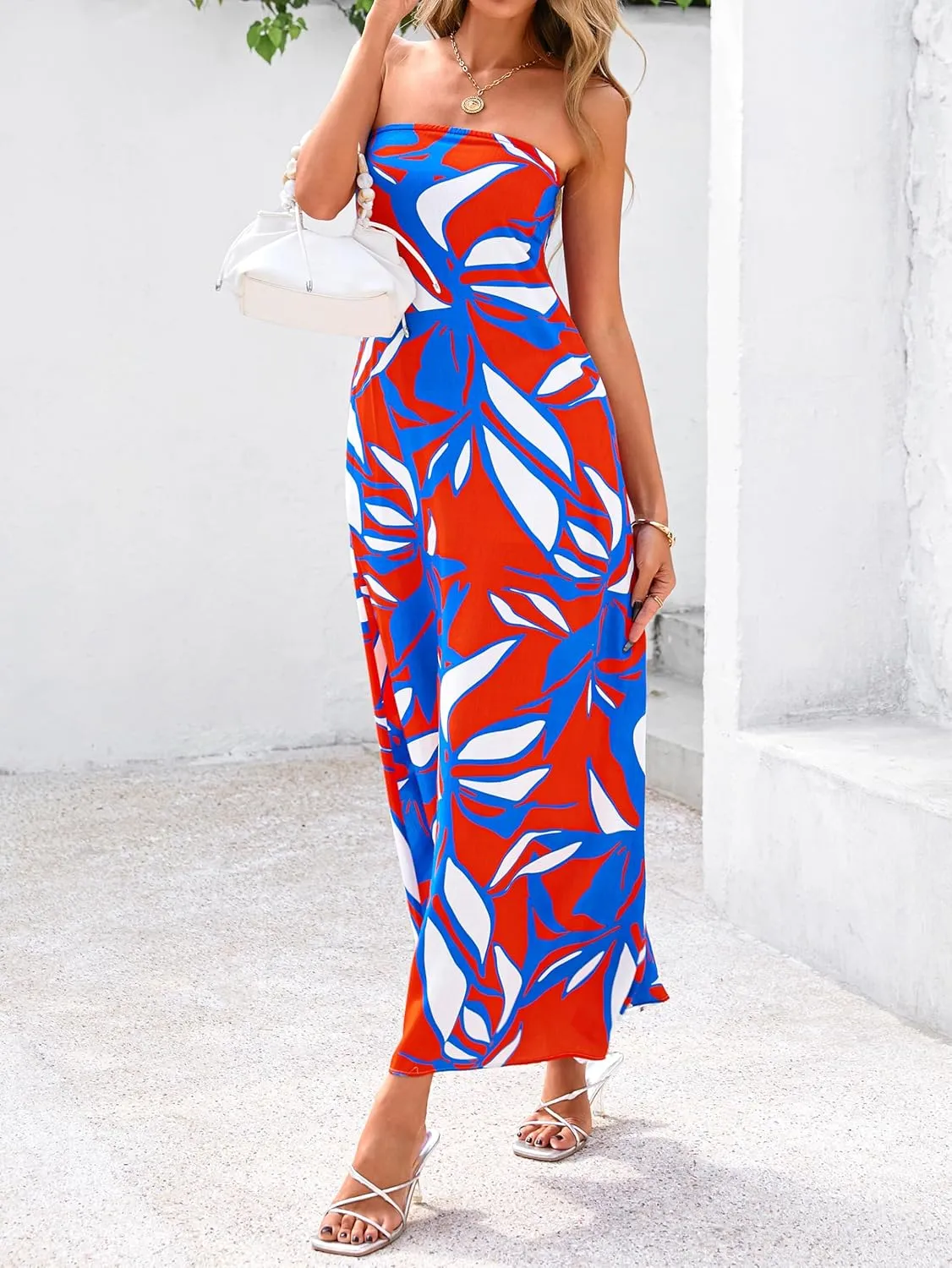 MASCOMODA Tube Strapless Top Dress for Women 2025 Summer Beach Long Maxi Dresses Smocked Boho Floral Flowy Resort Sundress