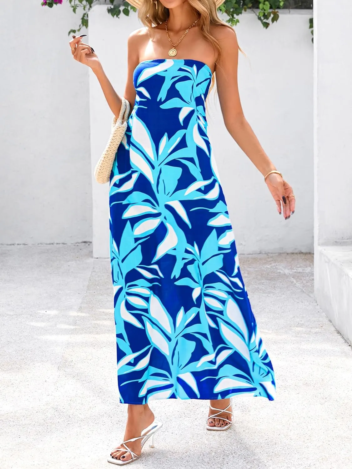MASCOMODA Tube Strapless Top Dress for Women 2025 Summer Beach Long Maxi Dresses Smocked Boho Floral Flowy Resort Sundress