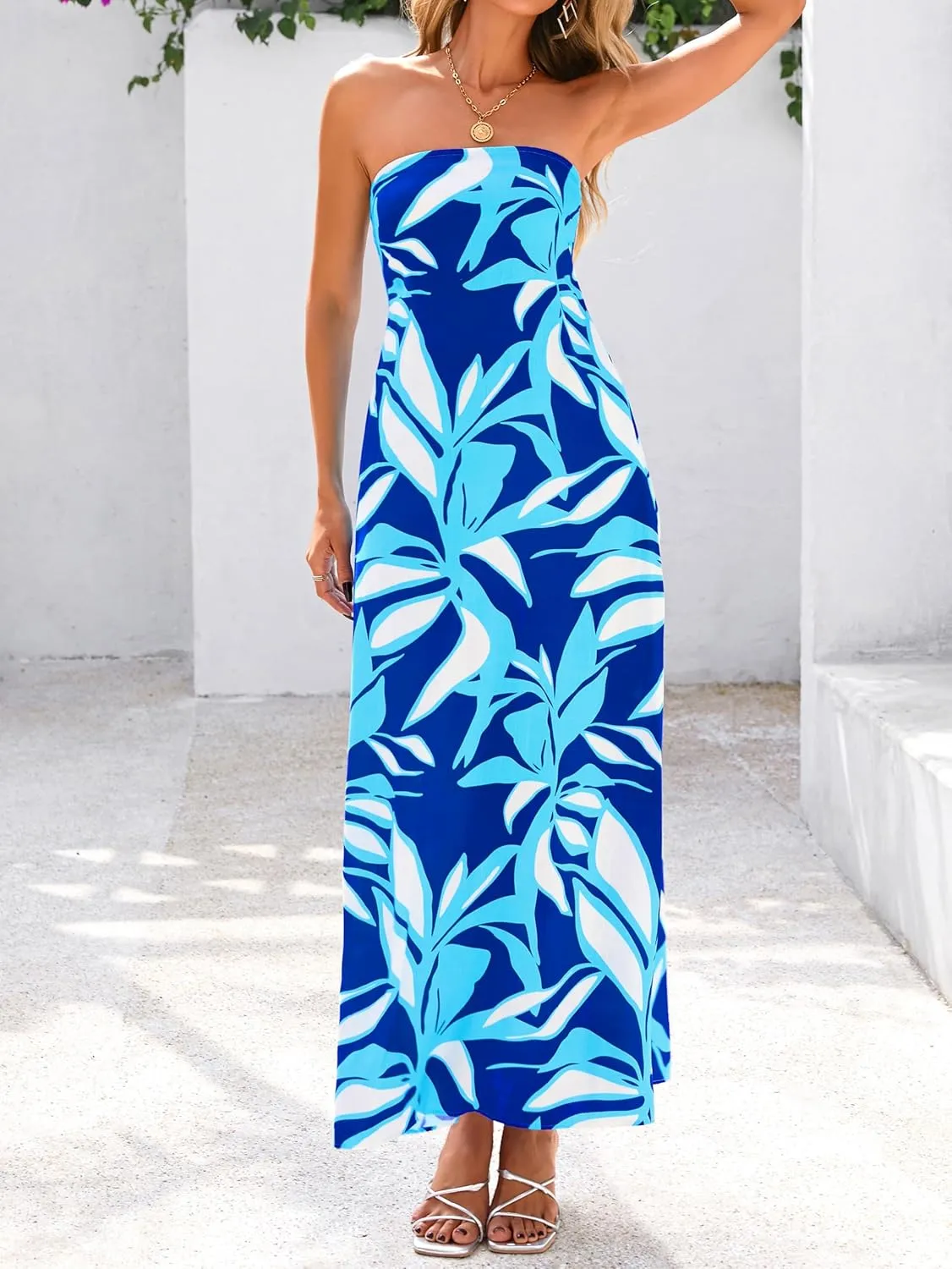 MASCOMODA Tube Strapless Top Dress for Women 2025 Summer Beach Long Maxi Dresses Smocked Boho Floral Flowy Resort Sundress
