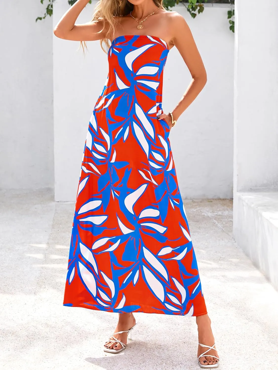 MASCOMODA Tube Strapless Top Dress for Women 2025 Summer Beach Long Maxi Dresses Smocked Boho Floral Flowy Resort Sundress