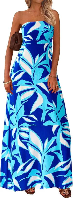 MASCOMODA Tube Strapless Top Dress for Women 2025 Summer Beach Long Maxi Dresses Smocked Boho Floral Flowy Resort Sundress