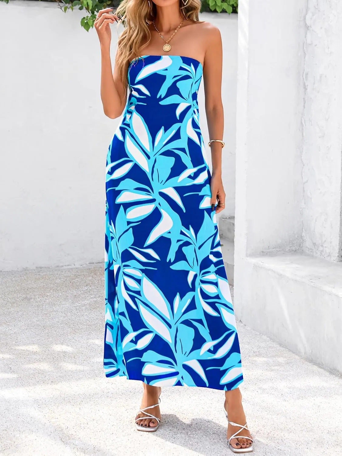 MASCOMODA Tube Strapless Top Dress for Women 2025 Summer Beach Long Maxi Dresses Smocked Boho Floral Flowy Resort Sundress