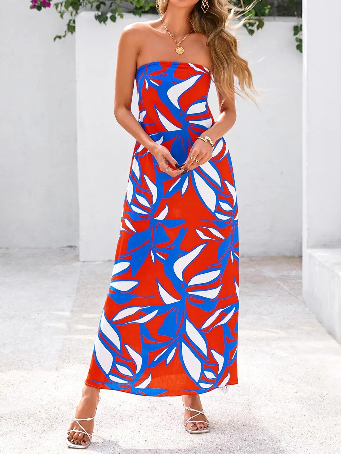 MASCOMODA Tube Strapless Top Dress for Women 2025 Summer Beach Long Maxi Dresses Smocked Boho Floral Flowy Resort Sundress