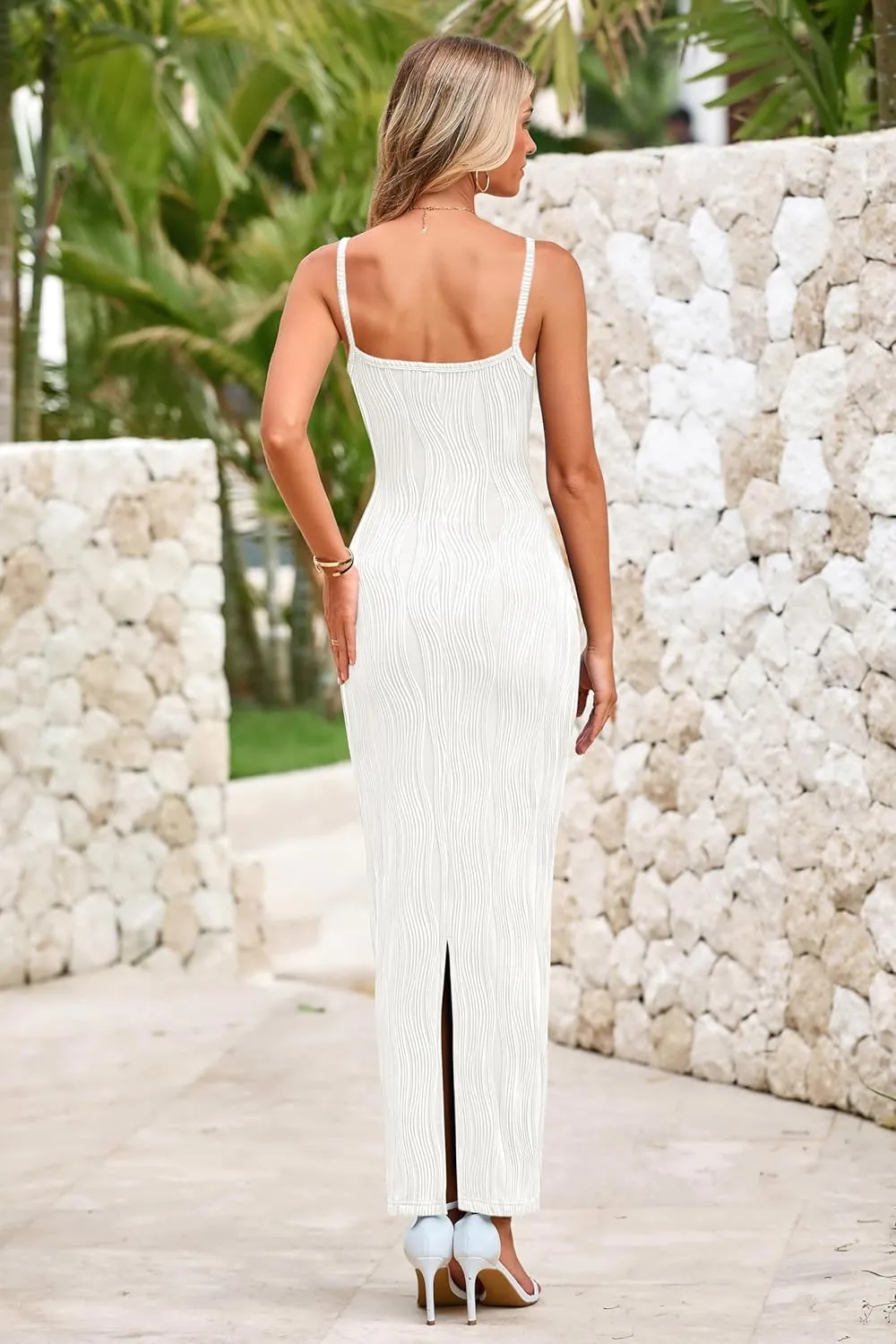 MASCOMODA Women 2025 Summer Sexy Bodycon Maxi Dress Spaghetti Strap Knit Fitted Tight Sleeveless Party Slip Long Dresses