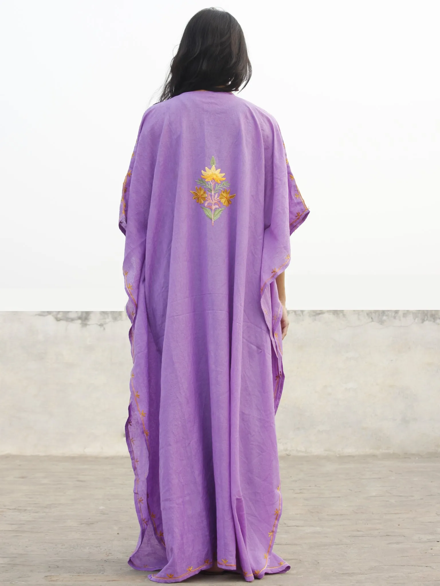 Mauve Yellow Aari Embroidered Long Kashmere Free Size Kaftan in Crushed Cotton - K11K013