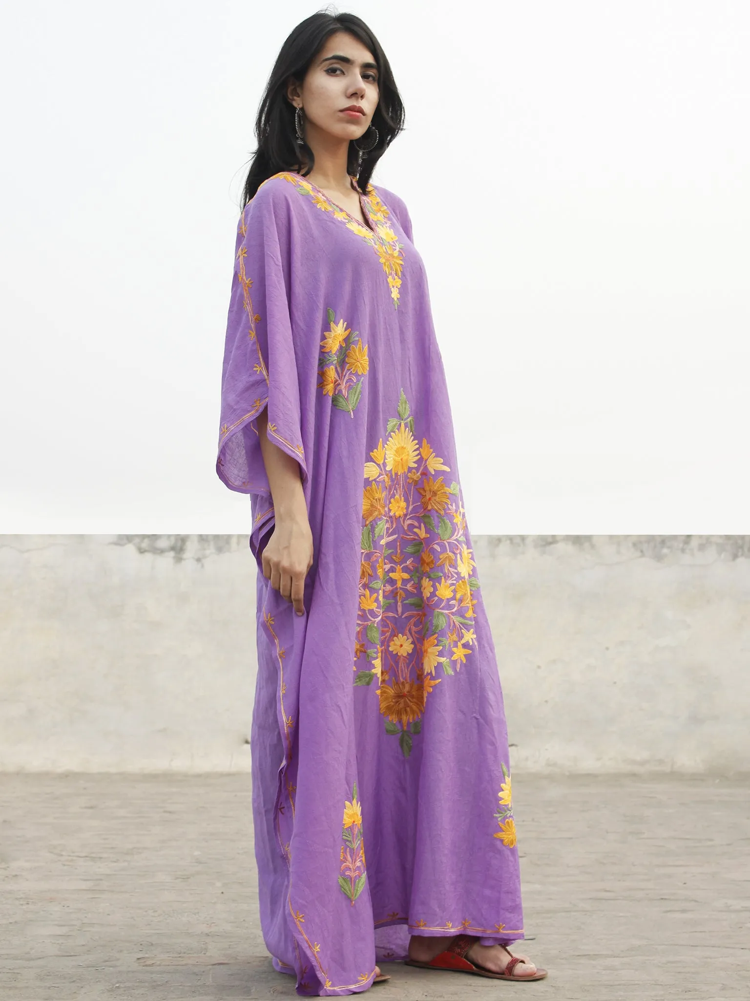 Mauve Yellow Aari Embroidered Long Kashmere Free Size Kaftan in Crushed Cotton - K11K013