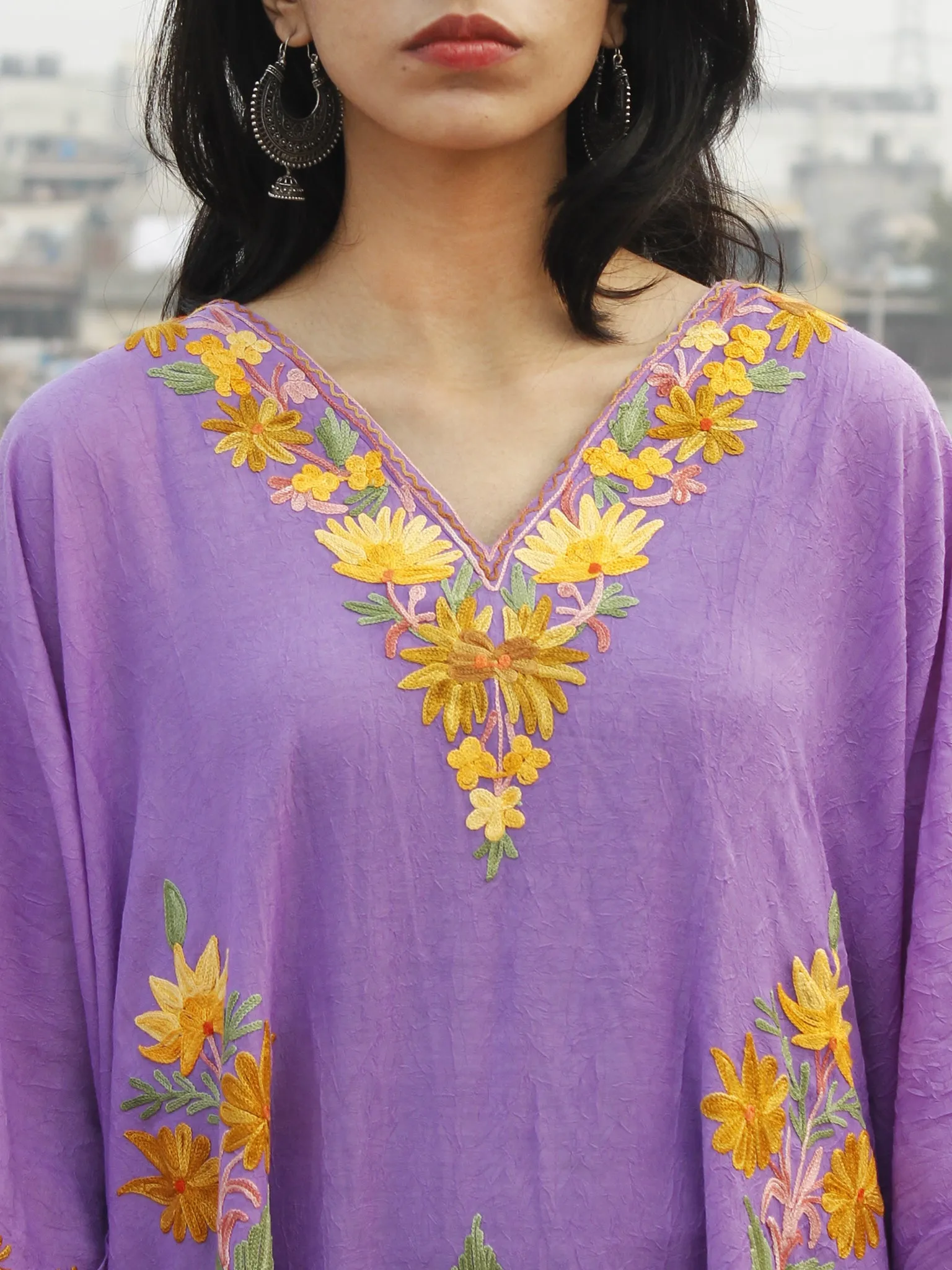 Mauve Yellow Aari Embroidered Long Kashmere Free Size Kaftan in Crushed Cotton - K11K013