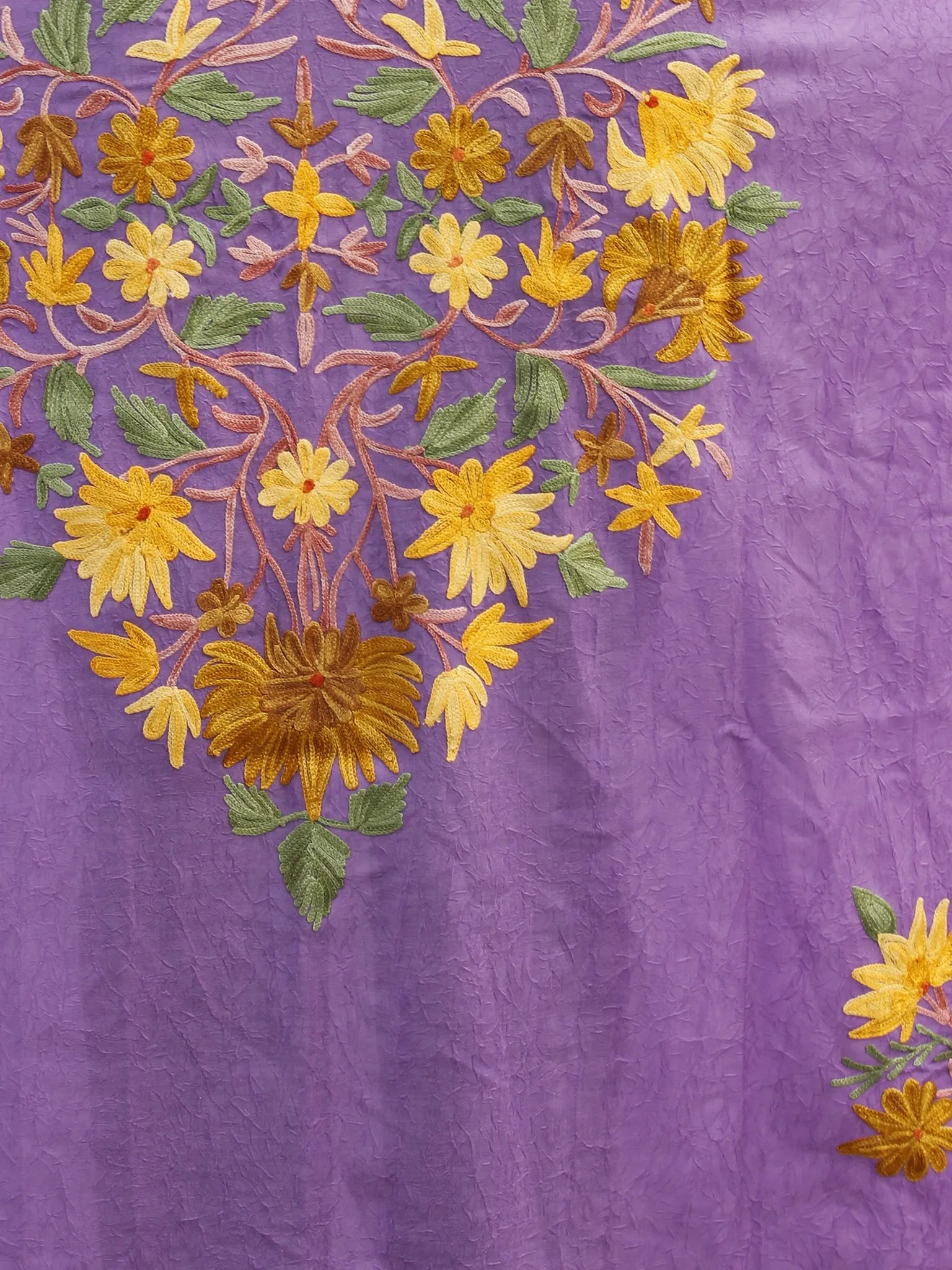 Mauve Yellow Aari Embroidered Long Kashmere Free Size Kaftan in Crushed Cotton - K11K013