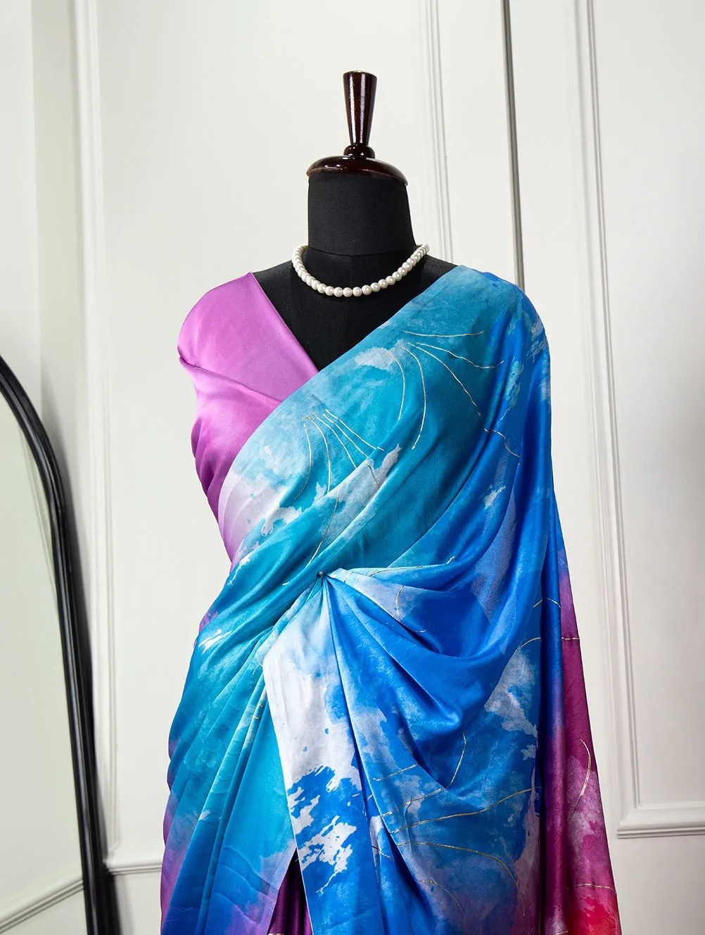 Mesmerizing Multicolor Digital Printed Satin Silk Saree with Foil Work - Wedding Elegance