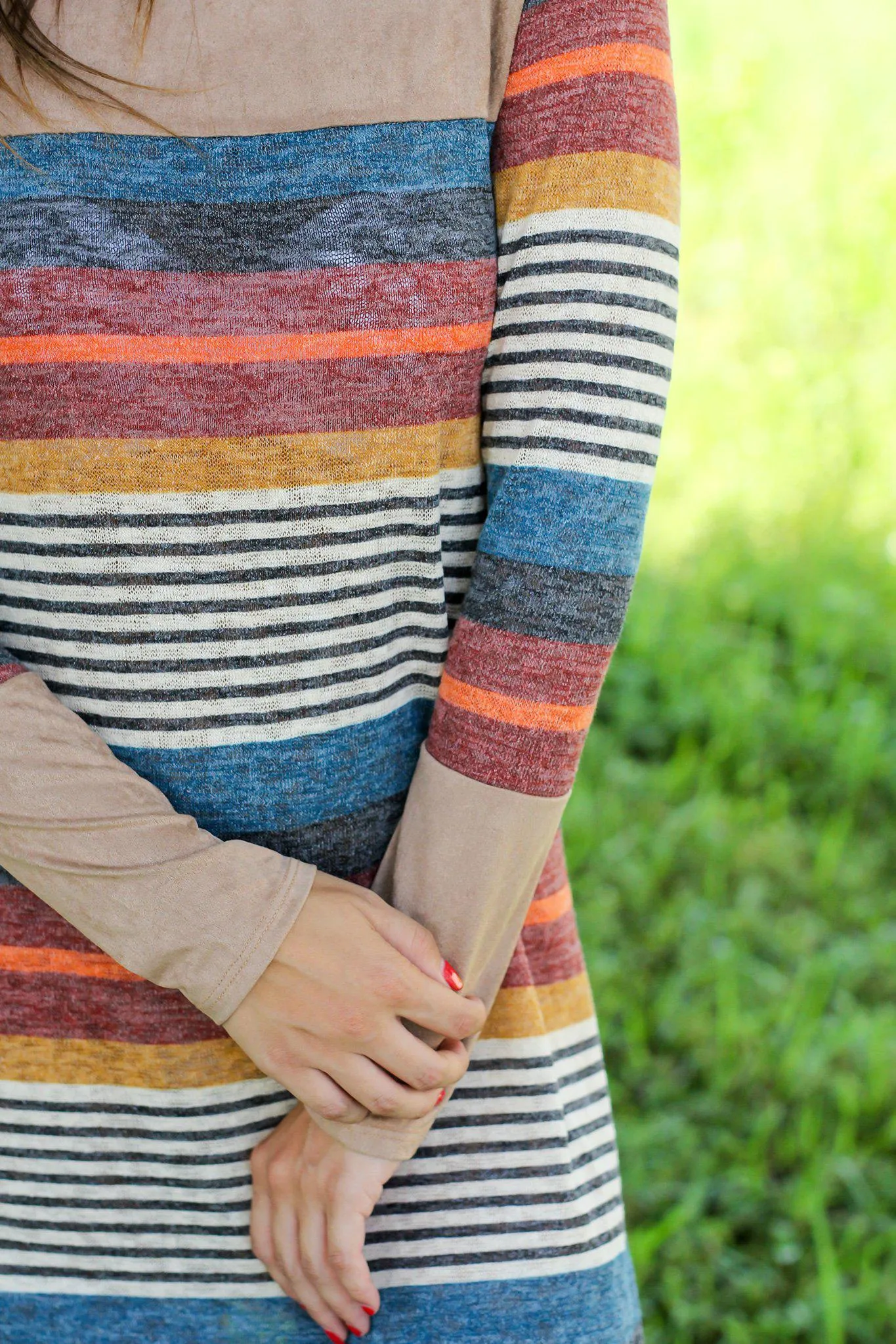 Multi Colored Striped Short Dress with Suede Detail