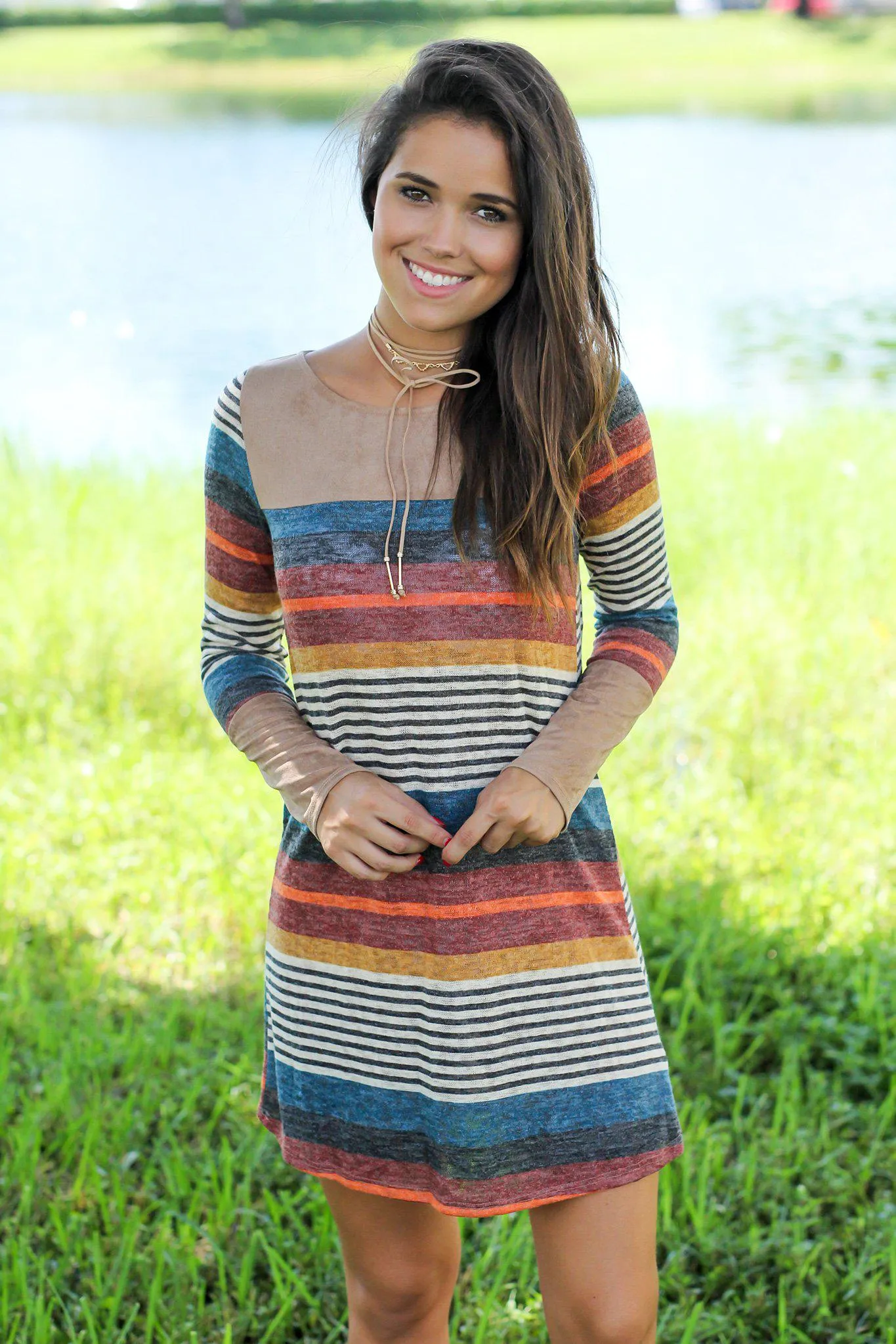 Multi Colored Striped Short Dress with Suede Detail